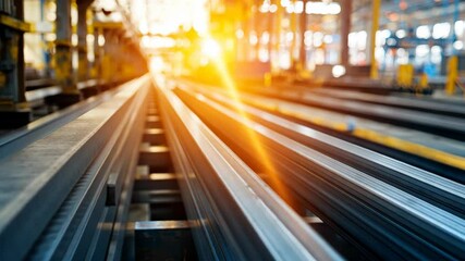 Poster - Industrial Close-Up of Rails in Factory Setting with Warm Lighting Effects