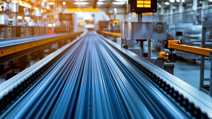 Poster - Advanced Telephoto Close-Up View of Conveyor Belt in Modern Factory Setting