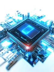 Poster - Futuristic Blue Circuit Board Design Showcasing a Centralized Illuminated Processor Chip : Generative AI