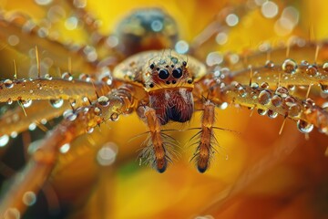 Aufkleber - Close-up view of a colorful spider displaying intricate details and droplets of water on its body in a natural outdoor setting during daylight