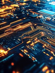 Fototapete - Orange and Blue Circuit Board Closeup with Advanced Digital Technology : Generative AI