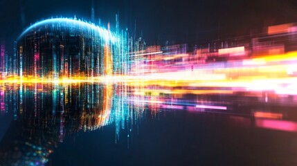Poster - Dynamic visualization of futuristic city with glowing lights and reflections in 4K resolution