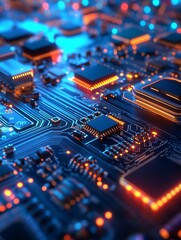 Aufkleber - Futuristic Microchip Circuit Board with Glowing Orange and Blue Lights : Generative AI