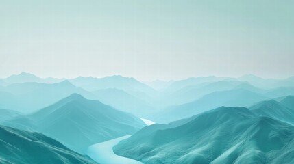 Poster - Winding river flows through serene mountain range under soft blue sky inviting peaceful reflection and adventure. Generative AI