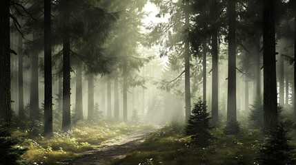 Poster - Tranquil Forest Pathway with Misty Sunlight Through Tall Trees : Generative AI
