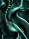 Black dark jade emerald green silk satin. Smooth elegant folds with glitter shimmer texture. Luxe design concept.