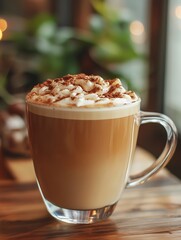 Aufkleber - Cozy Latte with Whipped Cream in Glass Mug by Window : Generative AI