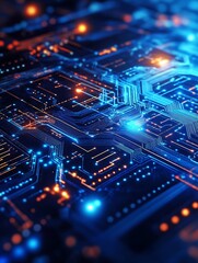 Poster - Futuristic Circuit Board with Glowing Blue and Orange Paths in HighTech Design : Generative AI