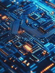 Poster - Innovative Electronic Circuit Board with Glowing Tracks and Essential Components for HighTech Solutions : Generative AI
