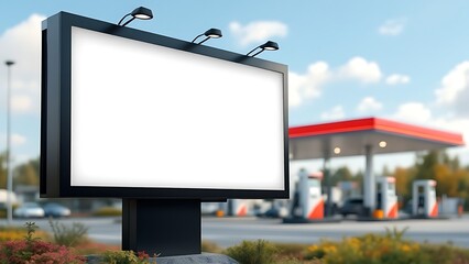 Wall Mural - large white blank billboard mockup displayed inside the gas station.
