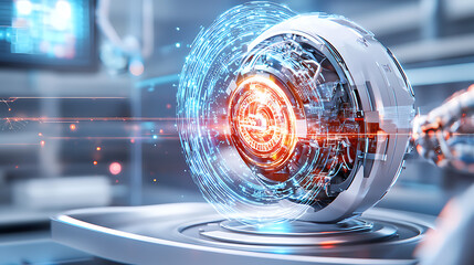 Poster - Innovative robotic sphere high-tech laboratory digital art futuristic environment close-up view artificial intelligence concept