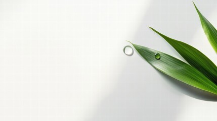 Poster - Green leaf showcasing a perfect water droplet during early morning light in a serene environment. Generative AI