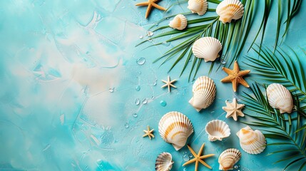 Wall Mural - Seashells and palm leaves on a blue background.