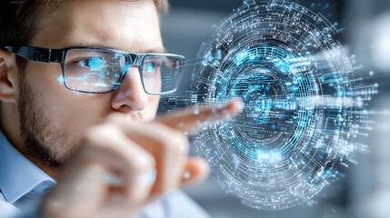 Poster - Innovative technology demonstration office environment digital interaction futuristic visualization close-up perspective