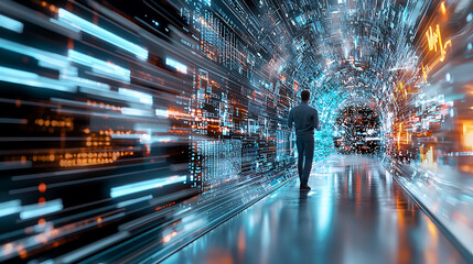 Poster - Exploring digital realities a person navigating through a data tunnel futuristic environment abstract concept