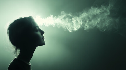 Poster - Mindful reflection with smoke emanating from a woman's head in a dark atmosphere