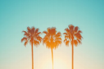 Poster - Bright palm trees against a pastel orange and blue gradient sky at sunset with minimalist design elements. Generative AI