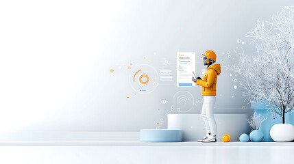Poster - Innovative technology interaction modern office digital art minimalist environment side view user experience concept