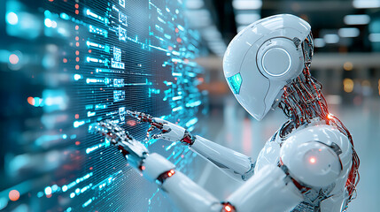 Poster - Robotic interaction with data futuristic lab digital art high-tech environment close-up ai conceptualization