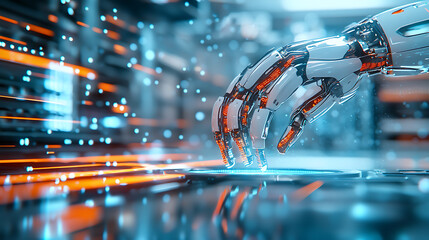 Poster - Robot hand engaging digital interface in futuristic workspace technology scene high-tech environment close-up perspective