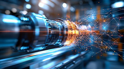 Poster - Industrial laser cutting action high-tech factory digital artwork futuristic environment close-up view innovation concept