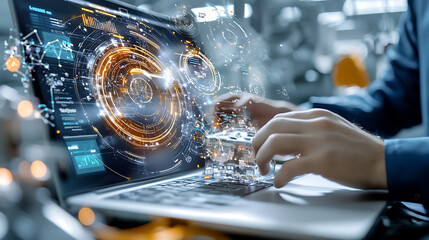 Poster - Innovative technology integration in digital workspaces modern office computer graphics futuristic environment close-up productivity focus