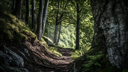 Poster - Serene Forest Pathway Through Lush Green Trees and Dappled Sunlight : Generative AI