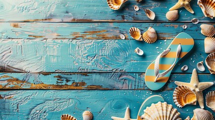 Wall Mural - A blue and orange striped flip-flop on a blue weathered wood background, surrounded by seashells and starfish.