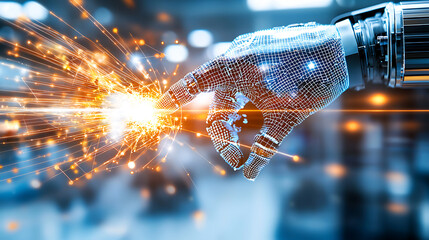 Poster - Robotic hand sparks innovation in technology futuristic lab digital art high-tech environment close-up view ai concept