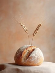 Fototapete - Minimalist bread loaf displayed with wheat grains in a rustic setting for creative culinary design. Generative AI