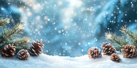 Poster - Pine cones and fir branches covered with snow during a snowfall at sunset