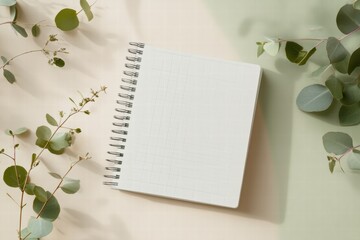 Fototapete - Minimalist planner layout on a soft pastel surface surrounded by lush greenery for creative organization. Generative AI