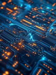 Poster - Futuristic Circuit Board Design with Blue and Orange Glowing Tracks : Generative AI