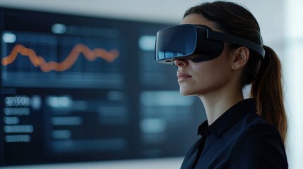 Poster - Businesswoman wearing vr headset analyzing data charts on a futuristic screen, concept of vr technology and business innovation
