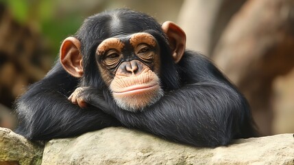 Poster - Pensive chimpanzee resting on rock with thoughtful expression in natural habitat : Generative AI