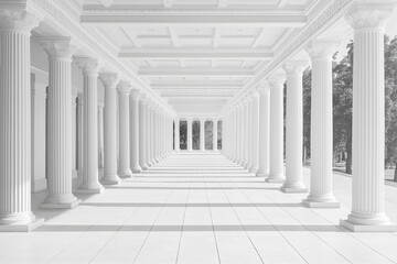 Poster - A symmetrical hallway of white pillars disappearing into the distance