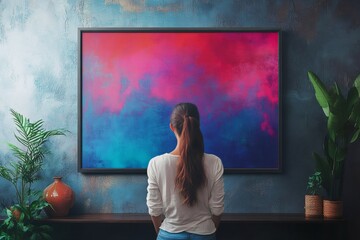 Poster - Woman admiring colorful abstract painting in modern art gallery