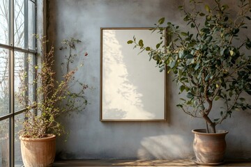 Poster - Empty frame mockup hanging on rustic wall with plants and sunlight creating shadows