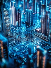 Poster - Futuristic Urban Skyline with Digital Buildings and Circuitry Accents : Generative AI