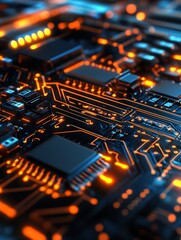 Aufkleber - Advanced orange circuit board with glowing elements for electronic systems : Generative AI