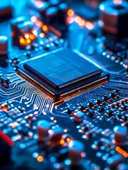 Poster - Macro View of a Glowing Microchip on Blue Circuit Board Surface : Generative AI