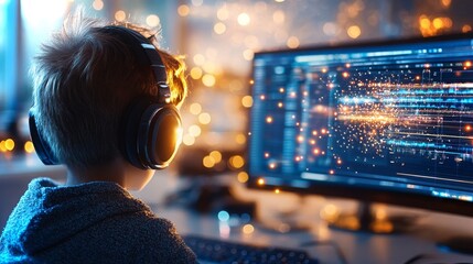 Poster - Young gamer engrossed in coding and digital creation at night