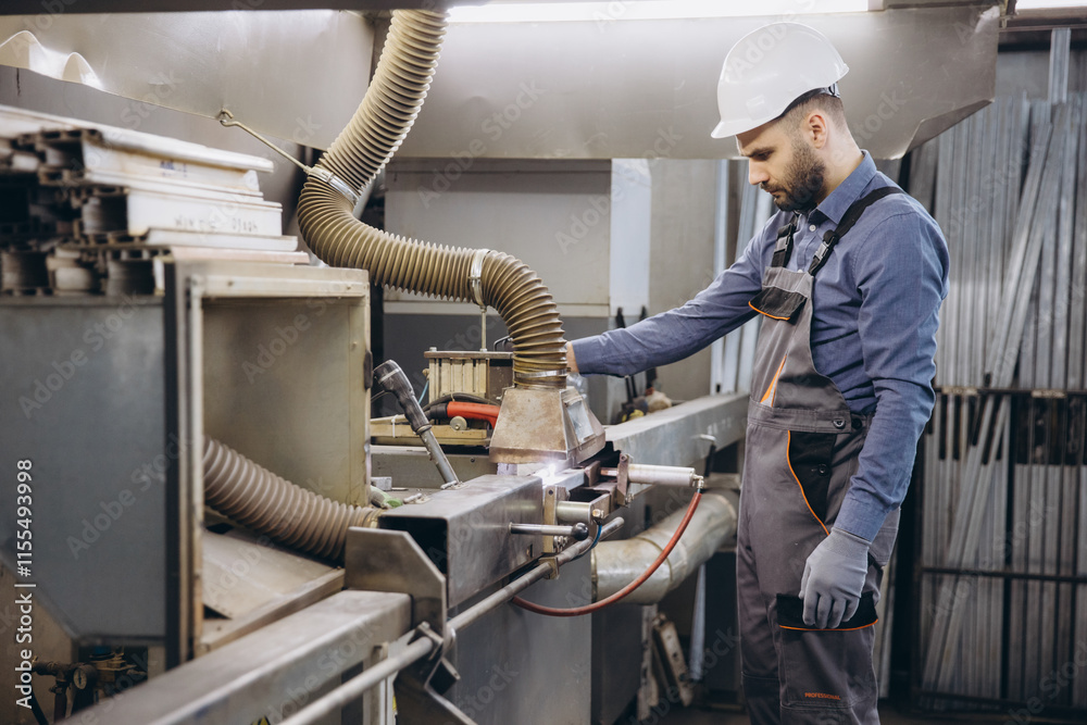 Operating Pvc Factory worker operating machinery producing aluminum and PVC windows ...