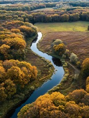 Aufkleber - Stunning Autumn River Valley with Rich Foliage Colors from Aerial Drone View : Generative AI