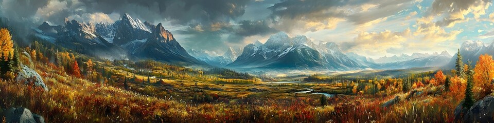 Poster - Panoramic view of the Bow Valley illuminated by golden hour light. with layers of peaks and vibrant autumn foliage. in 4K resolution