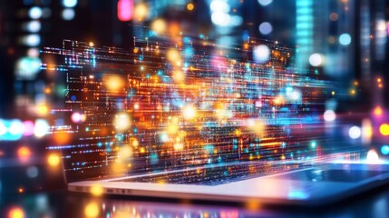 Poster - AI technology visualized on a laptop against a cityscape backdrop