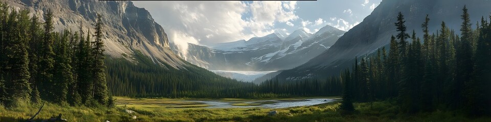 Poster - Panoramic view of the Bow Glacier Falls cascading into a lush alpine meadow. with dramatic cliffs glowing under soft light. in 4K resolution