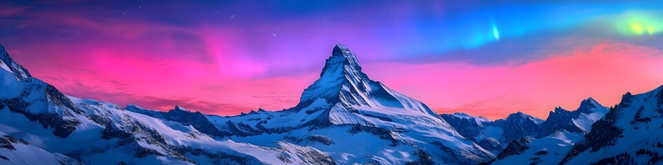 Poster - Panoramic view of the Matterhorn glowing under the vibrant colors of the Northern Lights. with snow-covered peaks and a serene atmosphere. in 4K resolution