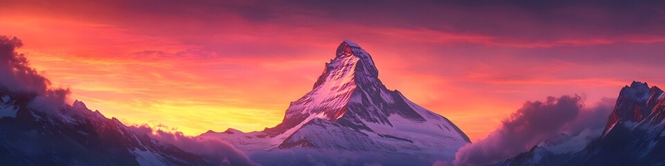 Leinwandbilder - Panoramic view of the Matterhorn under fiery sunset hues. with its sharp peak glowing dramatically against the vibrant sky. in 4K resolution