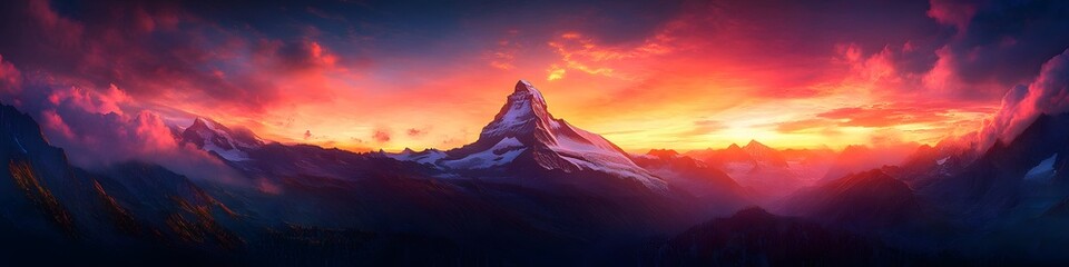 Leinwandbilder - Panoramic view of the Matterhorn under fiery sunset hues. with its sharp peak glowing dramatically against the vibrant sky. in 4K resolution